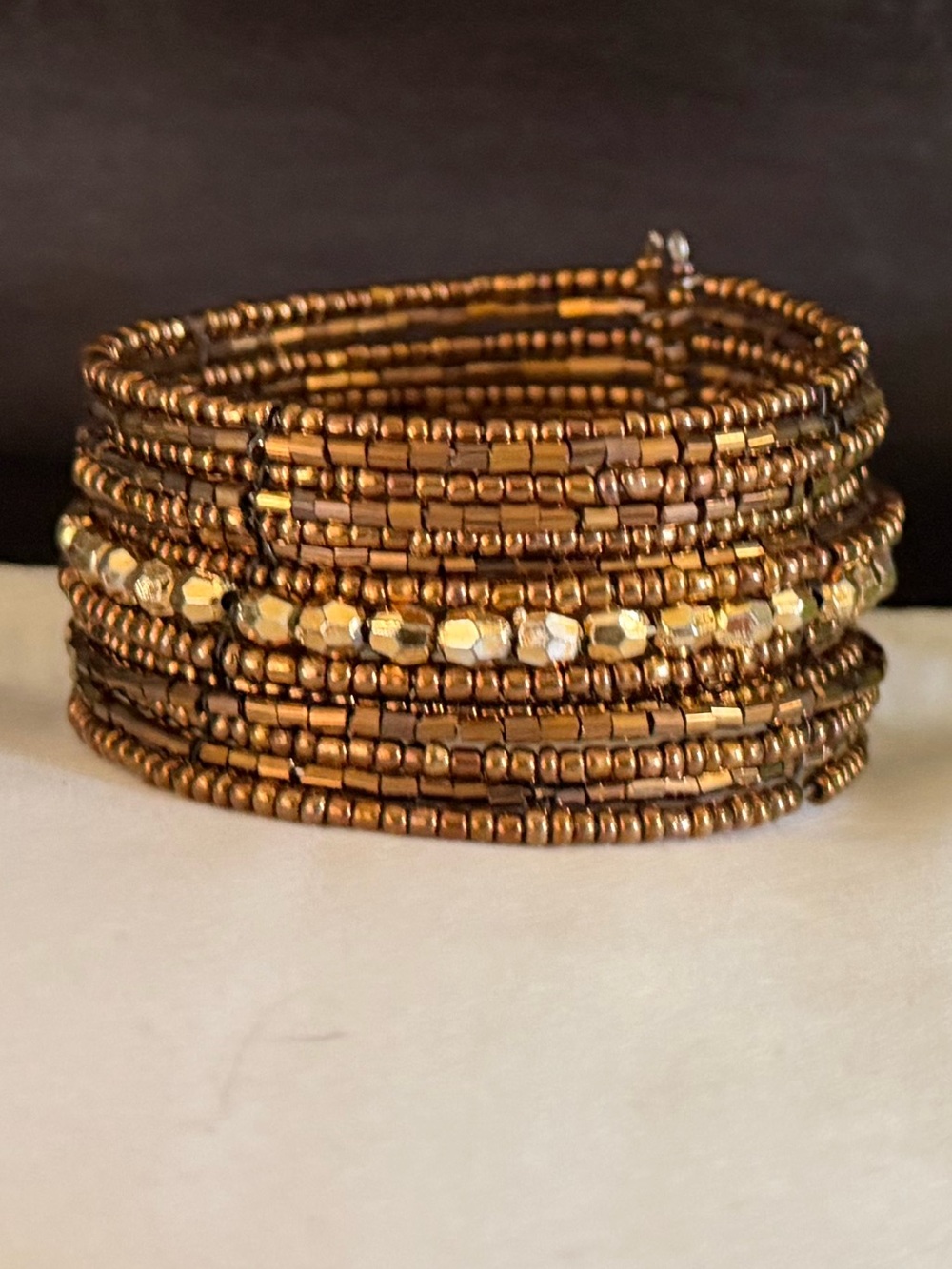 Wide Brass and Gold Beaded Wire Cuff Bracelet - OSFA